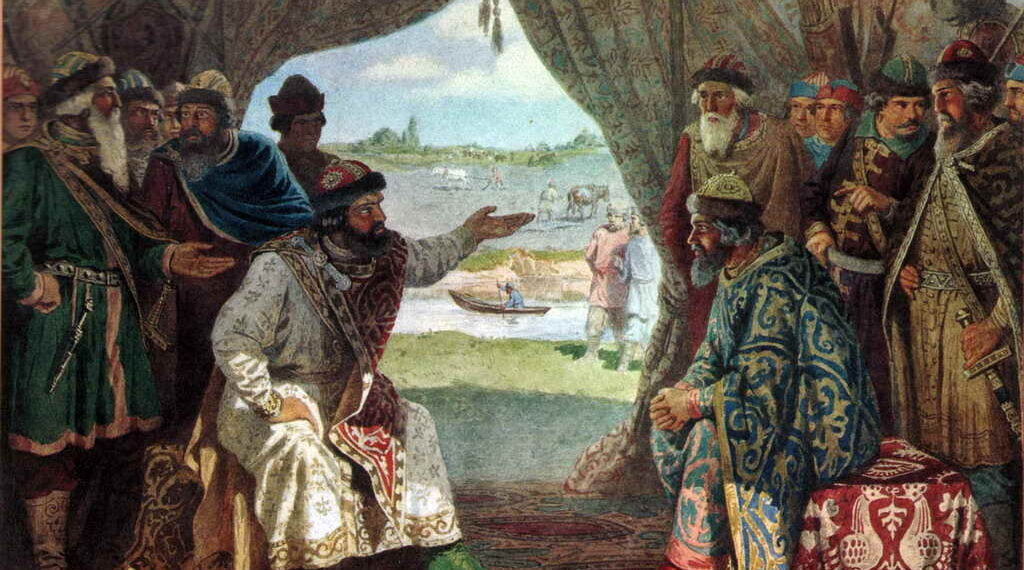 А. Д. Кившенко. "Долобский съезд князей — свидание князя Владимира Мономаха с князем Святополком". 1880 год