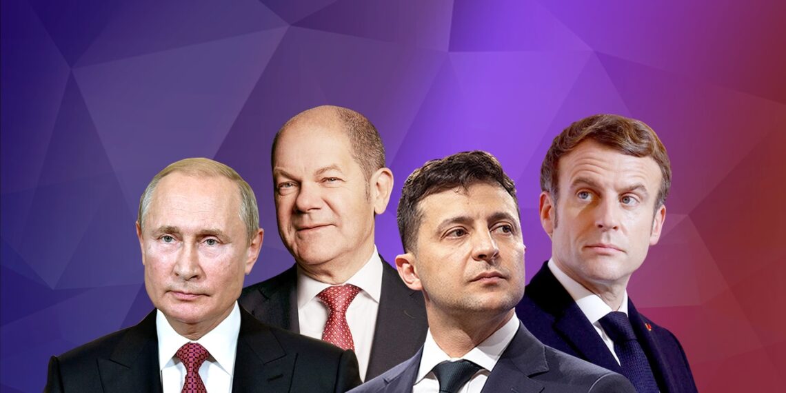 Владимир Путин, Олаф Шольц, Владимир Зеленский и Эммануэль Макрон. Коллаж: Таисия Зарянова/LIGA.net