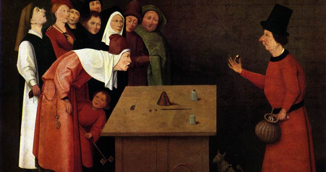 «Фокусник». Картина Иеронима Босха. На переднем плане вор-карманник, который работает на фокусника — обворовывает зрителя, который наклонился, чтобы лучше разглядеть манипуляции фокусника.