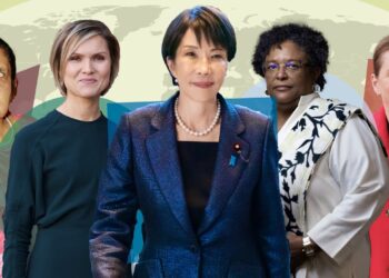 Слева направо: бывший премьер-министр Шри-Ланки Сиримаво Бандаранаике, премьер-министр Исландии Криструн Фростадоуттир, премьер-министр Японии Санаэ Такаичи, премьер-министр Барбадоса Миа Моттли и премьер-министр Дании Метте Фредериксен. Фото: AFP / Getty
