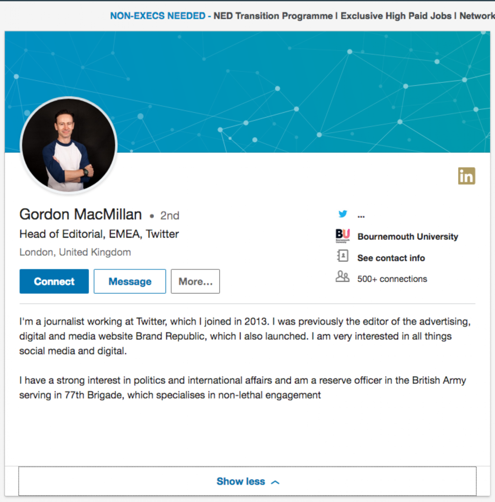 Скриншот страницы в LinkedIn Гордона Макмиллана. Позже он отредактировал информацию и удалил информацию о 77-й бригаде