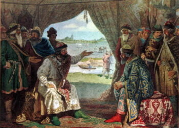 А. Д. Кившенко. "Долобский съезд князей — свидание князя Владимира Мономаха с князем Святополком". 1880 год