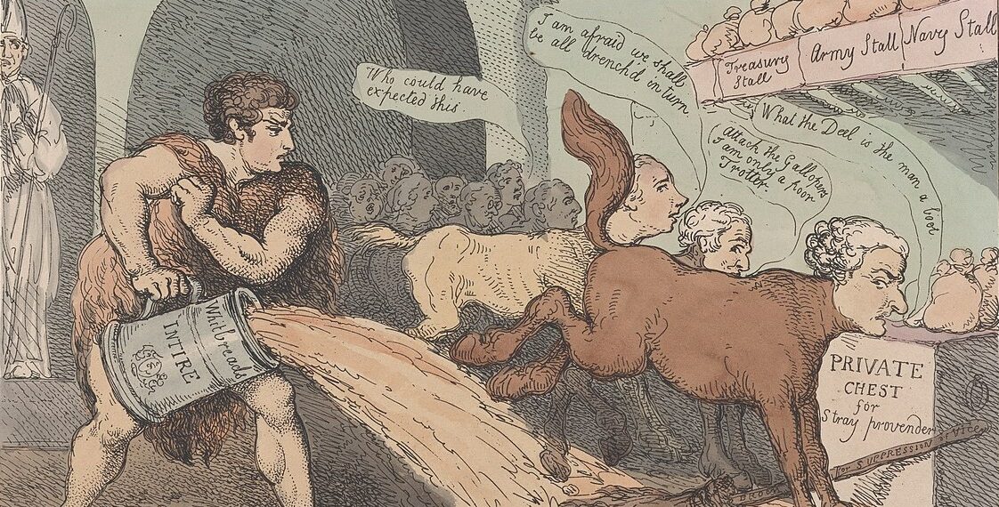 Томас Роулендсон. Современный Геракл расчищает авгиевы конюшни (фрагмент). 1805