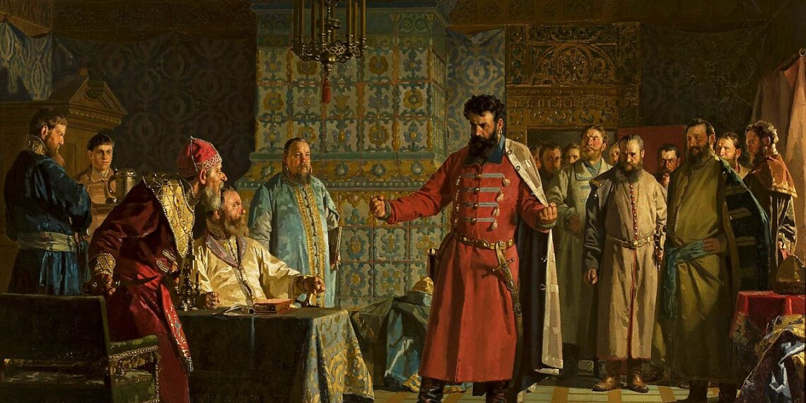 Картина: Захар Ляпунов во главе бояр предлагает Василию Шуйскому оставить престол. Н.Неврев, 1886