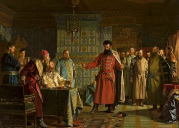 Картина: Захар Ляпунов во главе бояр предлагает Василию Шуйскому оставить престол. Н.Неврев, 1886