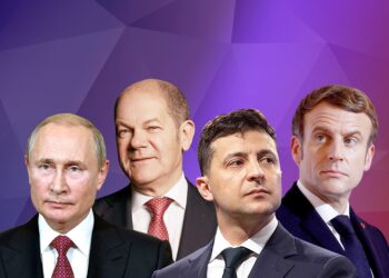 Владимир Путин, Олаф Шольц, Владимир Зеленский и Эммануэль Макрон. Коллаж: Таисия Зарянова/LIGA.net