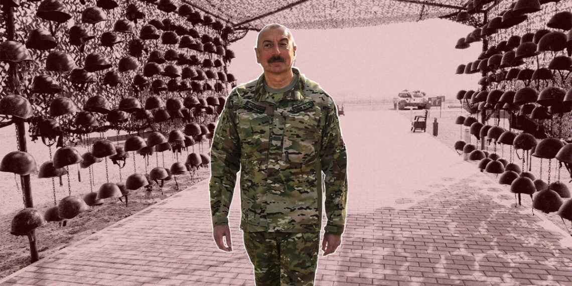 Ильхам Алиев и следы его военных преступлений. Иллюстрация: oc-media.org