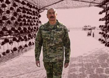 Ильхам Алиев и следы его военных преступлений. Иллюстрация: oc-media.org