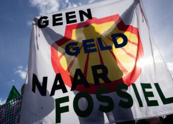 Демонстрант в Гааге с плакатом «Нет денег на ископаемое» Фото: Питер Деджонг/AP