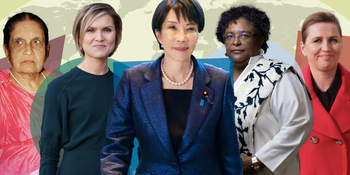 Слева направо: бывший премьер-министр Шри-Ланки Сиримаво Бандаранаике, премьер-министр Исландии Криструн Фростадоуттир, премьер-министр Японии Санаэ Такаичи, премьер-министр Барбадоса Миа Моттли и премьер-министр Дании Метте Фредериксен. Фото: AFP / Getty
