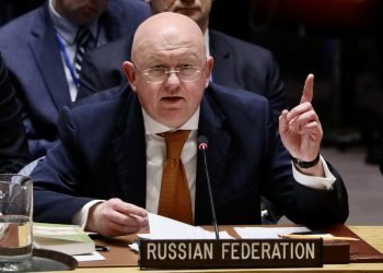 Василий Небензя, посол РФ при ООН, выступает с речью на заседании Совета Безопасности ООН в Нью-Йорке, 5 апреля 2018 года. Фото: Anadolu
