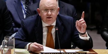 Василий Небензя, посол РФ при ООН, выступает с речью на заседании Совета Безопасности ООН в Нью-Йорке, 5 апреля 2018 года. Фото: Anadolu